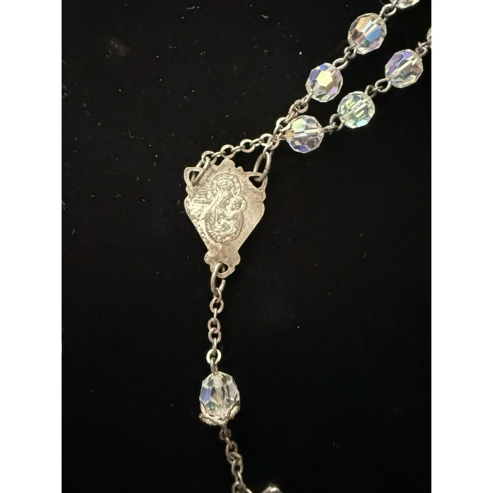 Vintage Sterling Silver AB Crystal Catholic Rosary Italy Crucifix Marian Medal